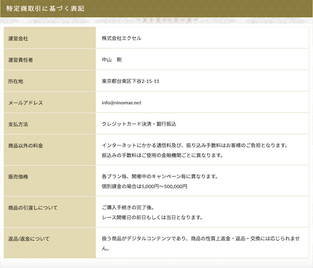 にのまえ特定商取引法に基づく表記