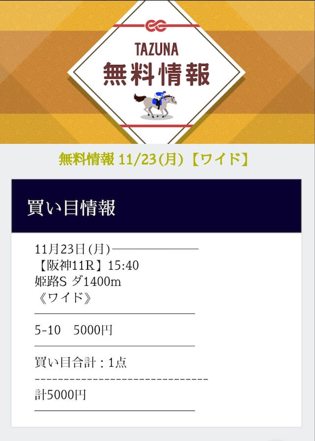 タズナ2020年11月23日無料情報買い目阪神11R
