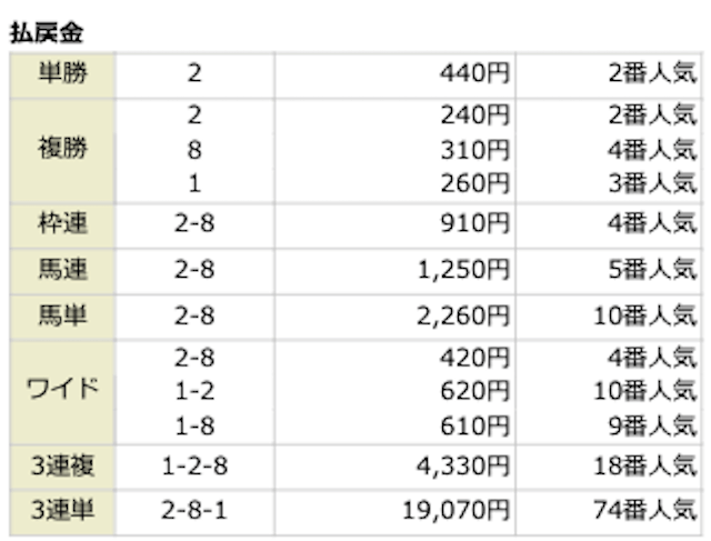 3連単②−⑧−①決着。74番人気19,070円。