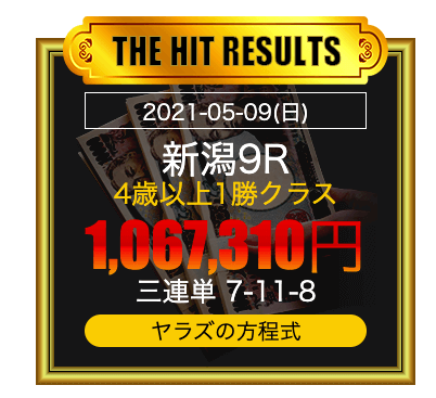 2021年5月9日新潟9R。4歳以上1勝クラス。3連単⑦−⑪−⑧。1,067,310円。