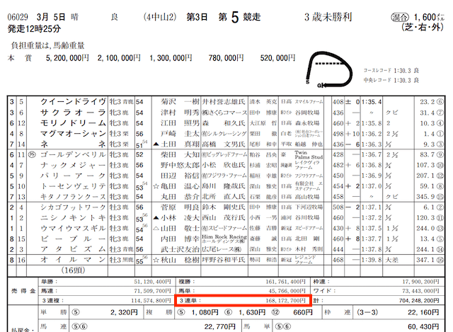 うまリッチ中山5R払戻金