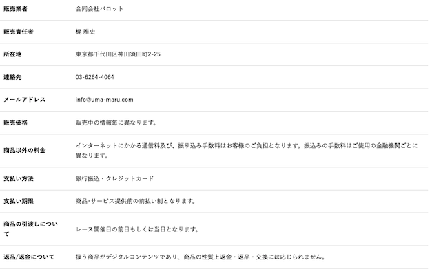 うまマル　特定商取引法に基づく表記