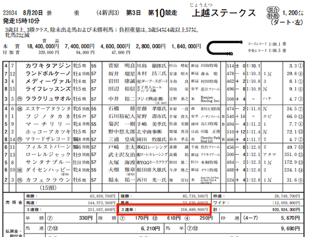 フヤセル2022年8月20日新潟10Rのレースデータ
