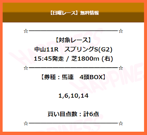 ハピネスの2021年3月21日スプリングステークスの無料予想の買い目