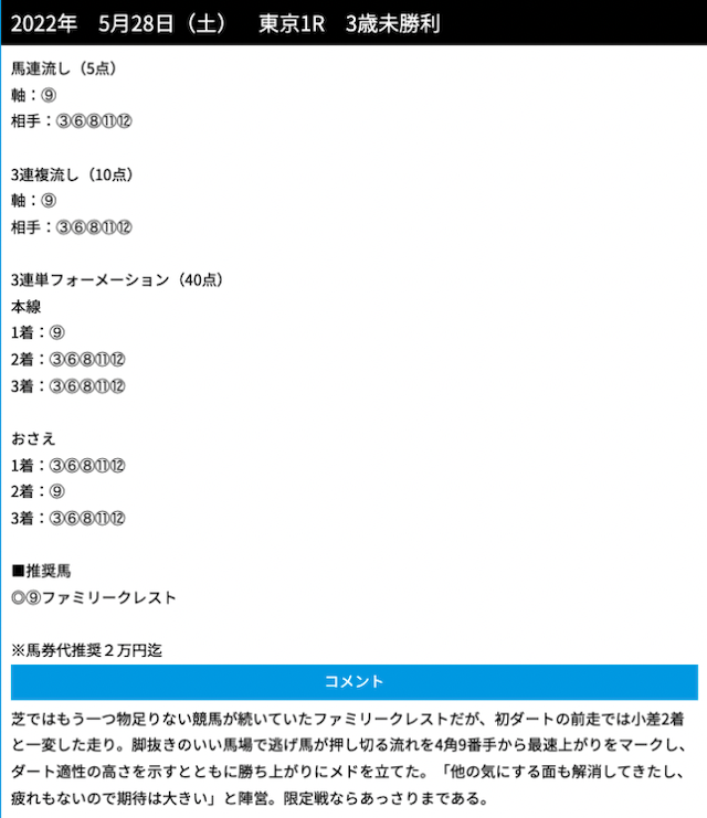 レープロ2022年5月28日東京1R公開買い目