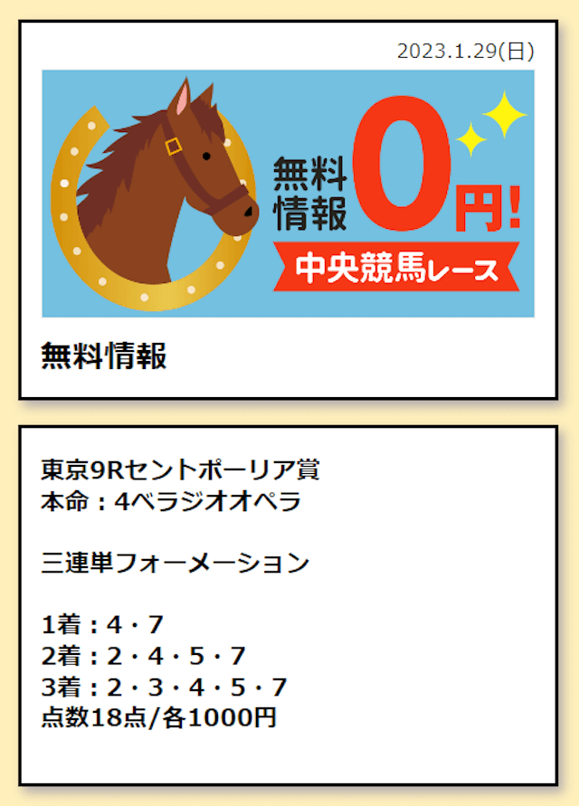 ユメカナウ2023年1月29日無料情報東京9R