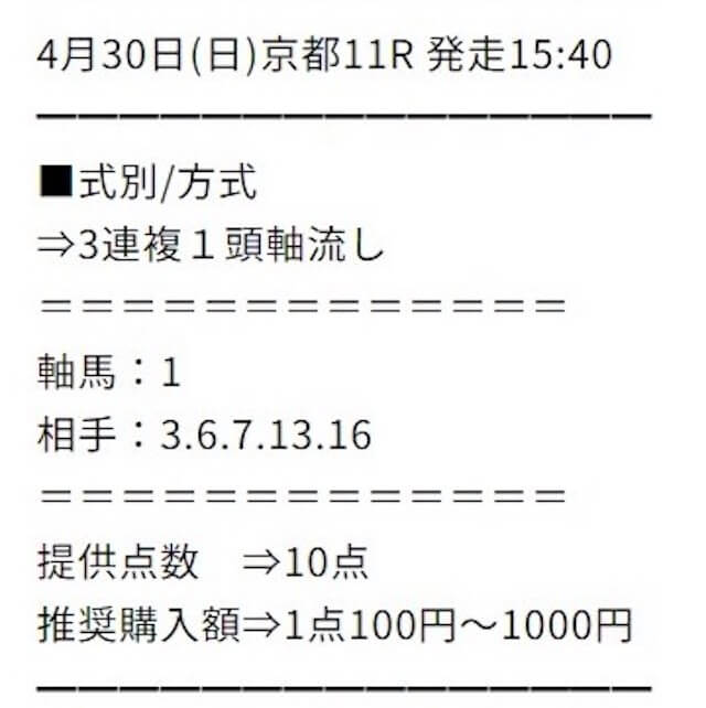 未来競馬2023年4月30日京都11R買い目