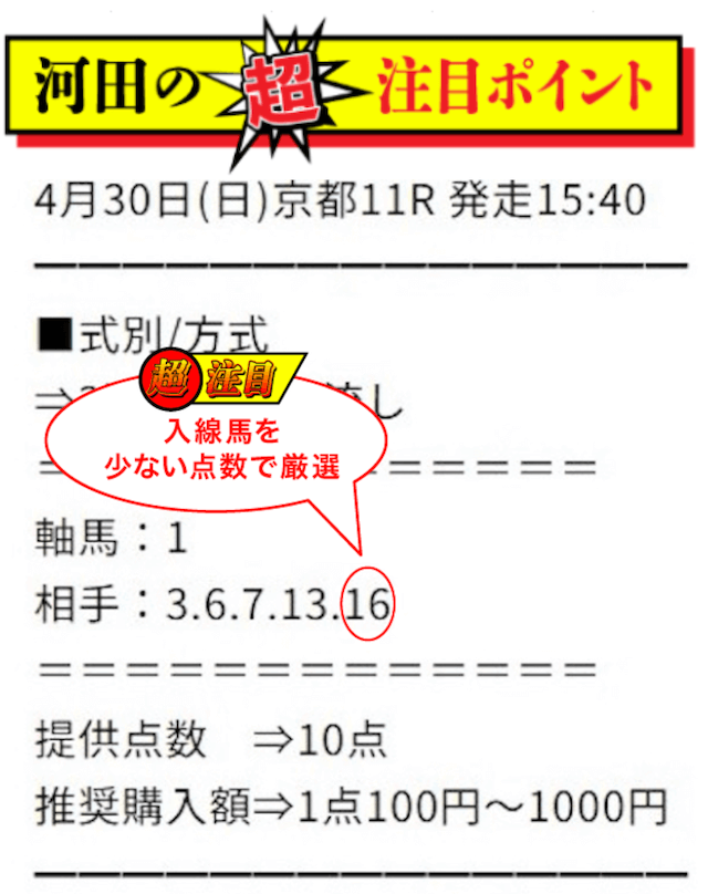 未来競馬2023年4月30日無料予想京都11R河田ポイント