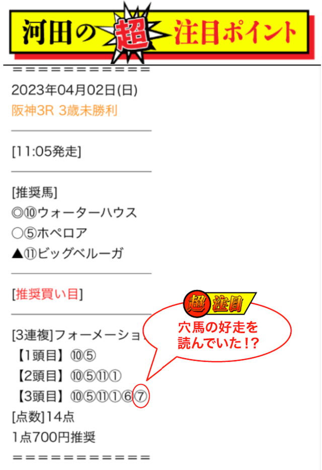 ウマトク2023年4月2日阪神3R河田ポイント