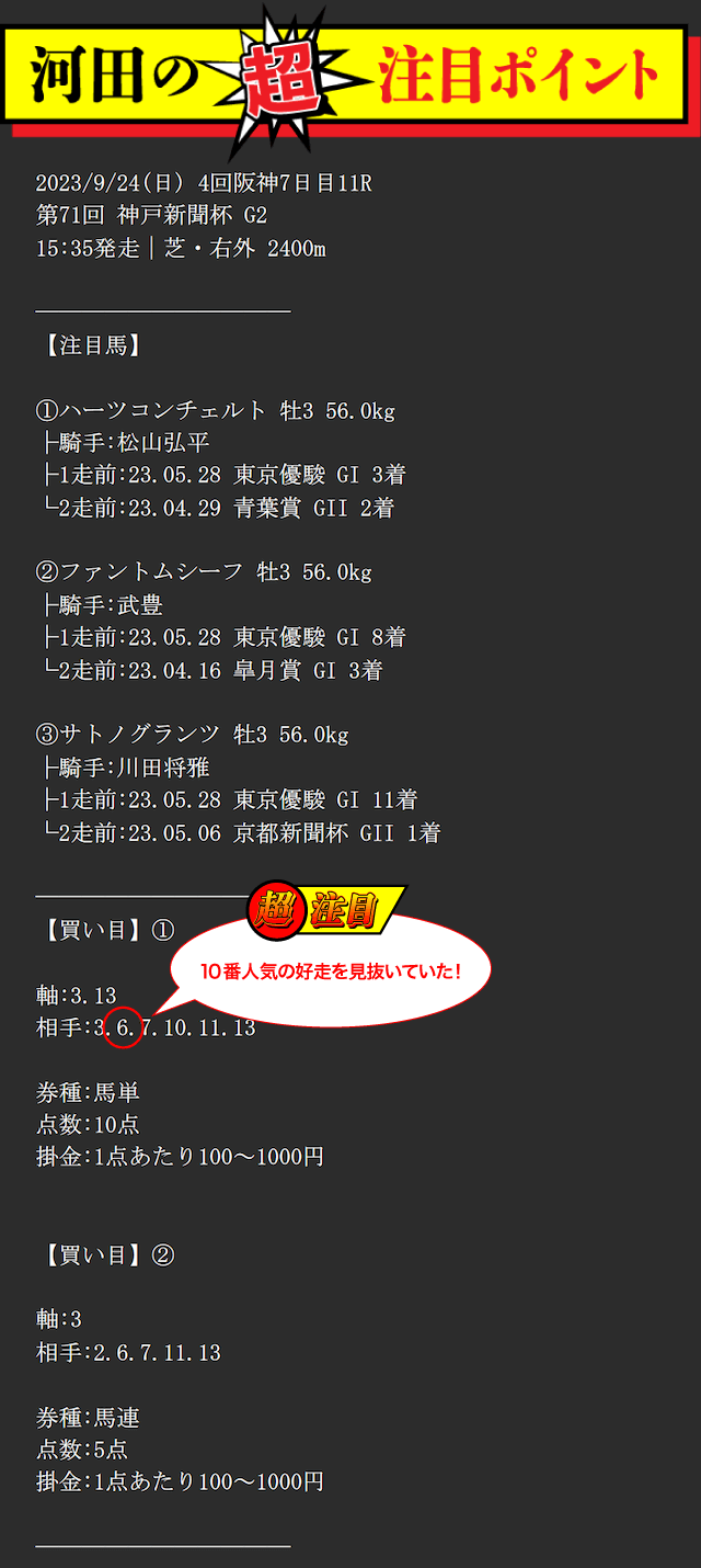 マイルス2023年9月24日神戸新聞杯河田ポイント