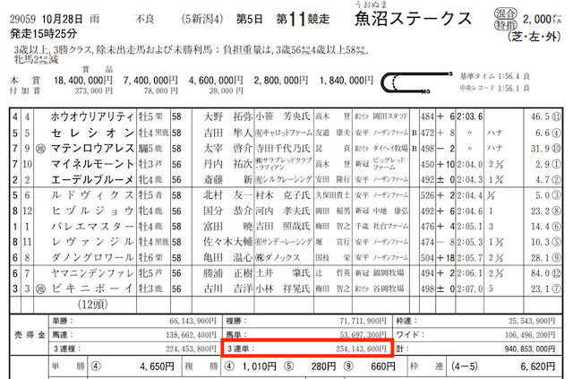 クロジカ的中実績捏造調査2023年10月28日新潟11R3連単払い戻し