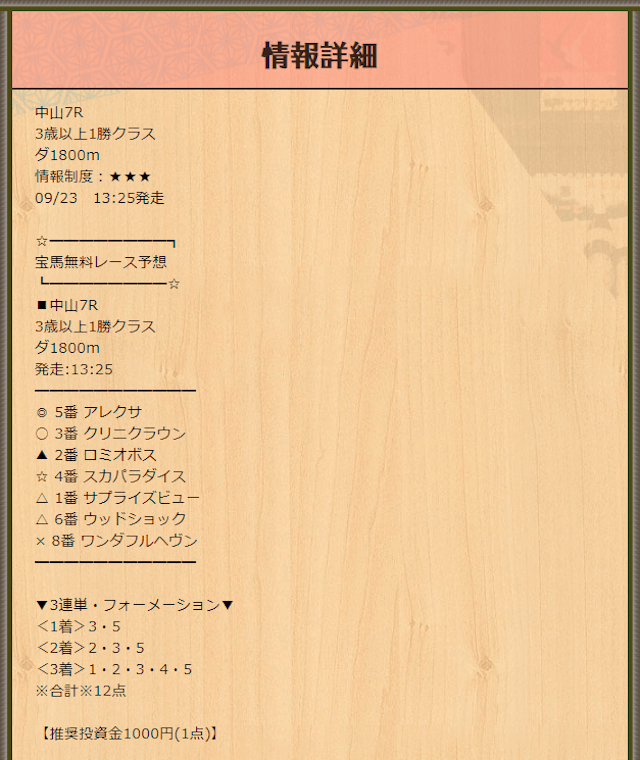 宝馬2023年9月23日中山7R無料予想