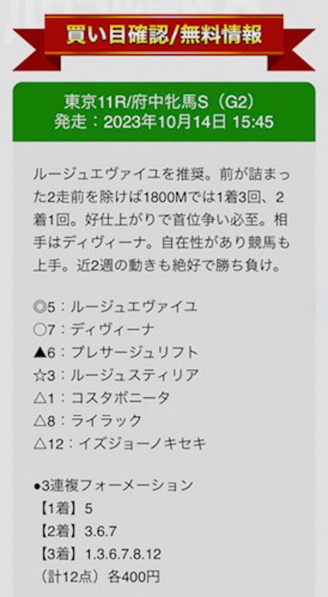 パワフル競馬2023年10月14日東京11R無料予想