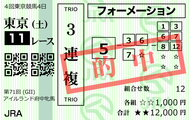 パワフル競馬2023年10月14日東京11R的中馬券