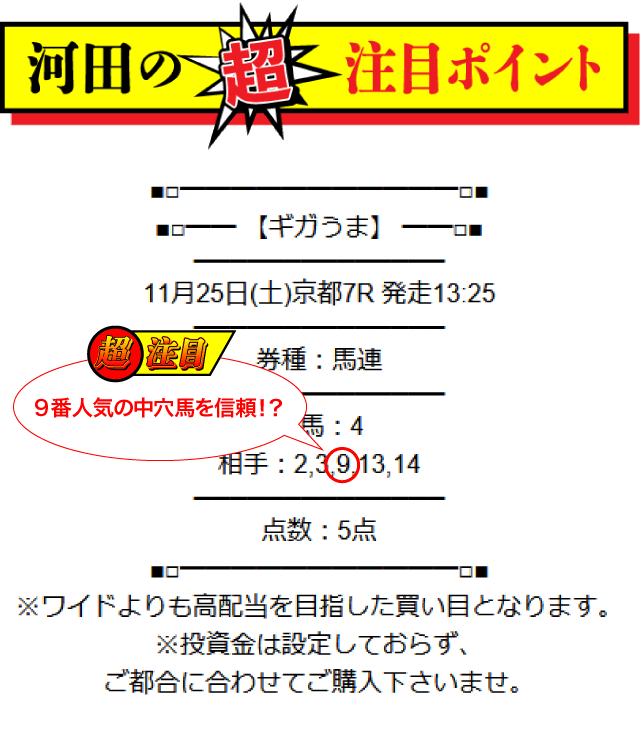 ギガうま2023年11月25日京都7R河田ポイント