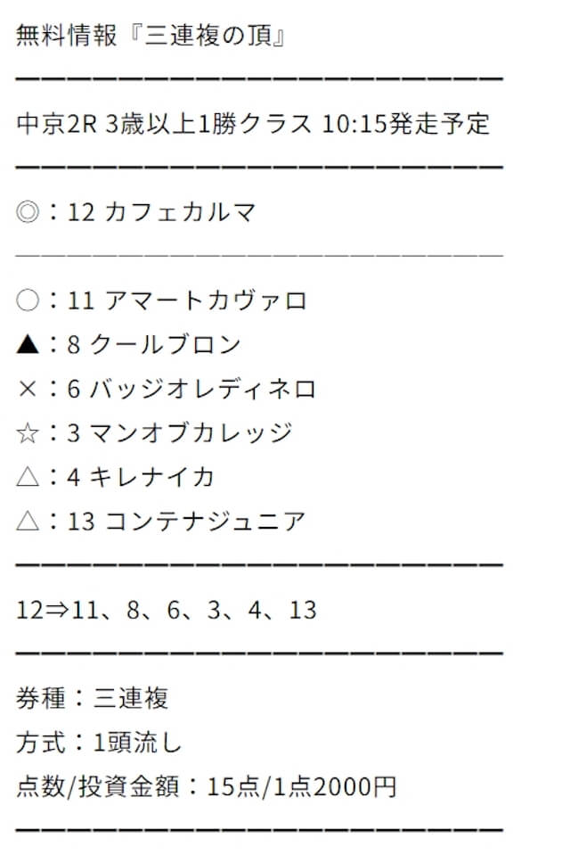 馬争の頂2023年12月17日中京2R無料予想