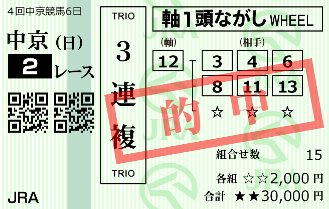 馬争の頂2023年12月17日中京2R的中馬券