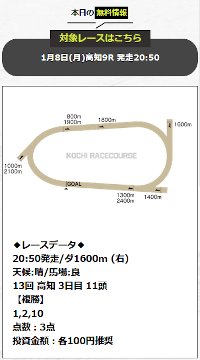 ドンピシャ2024年1月8日高知11R無料予想