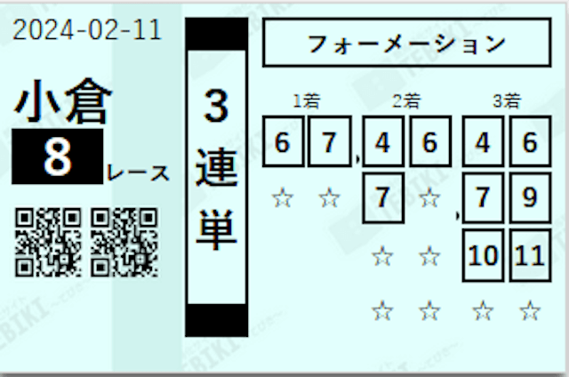 テビキ2024年2月11日小倉8R無料予想