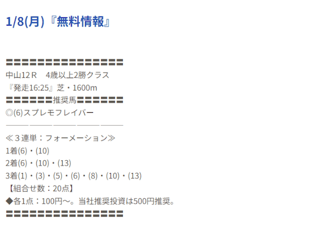 ヒットザマーク2024年1月8日中山12R無料予想
