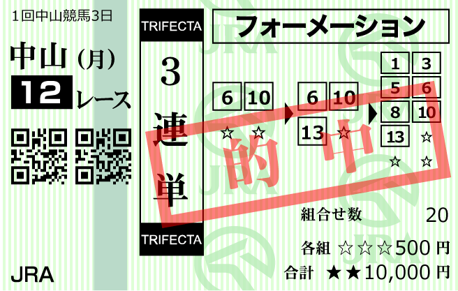 ヒットザマーク2024年1月8日中山12R的中馬券画像