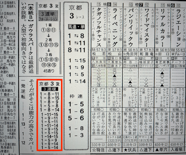 winner(ウィナー)2024年2月11日京都3R某有名競馬新聞社Aの買い目