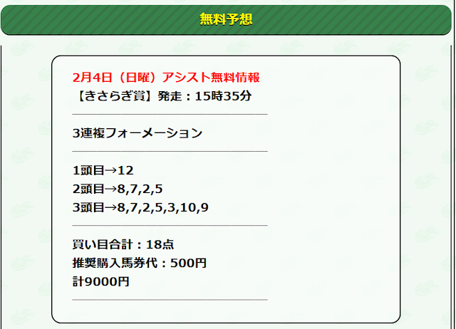 アシスト2024年2月4日京都11R無料予想