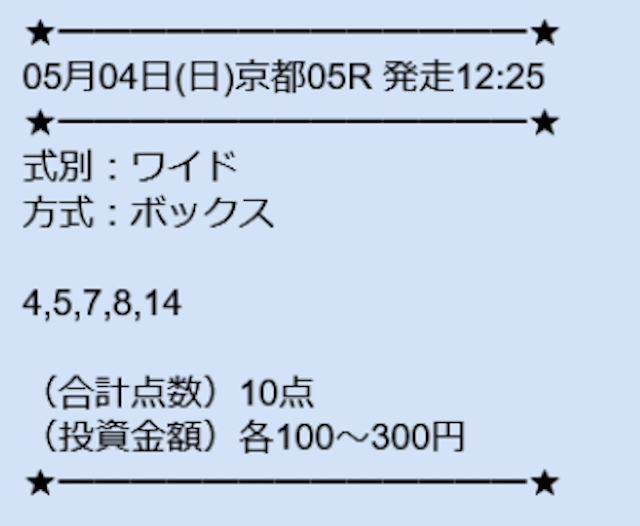 ツカメル2025年5月4日京都5Rの無料予想の買い目