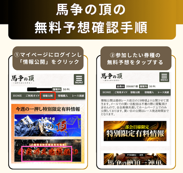 馬争の頂の無料予想の確認手順