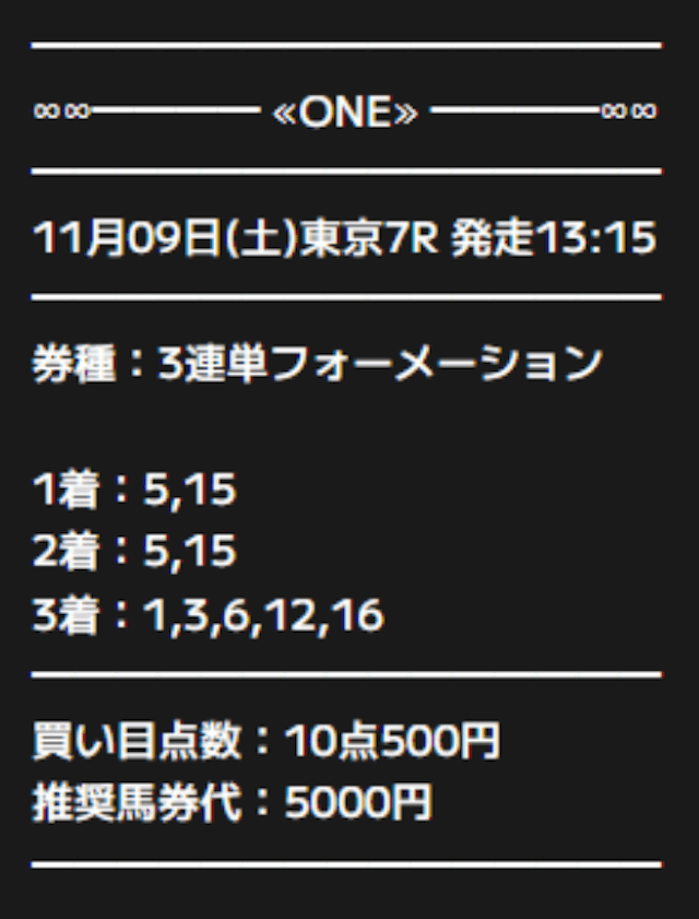 ONE2024年11月9日の有料予想の買い目