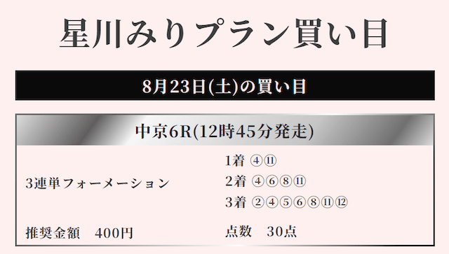 競馬リベンジャーズの有料プラン「星川みり」2025年8月23日の買い目