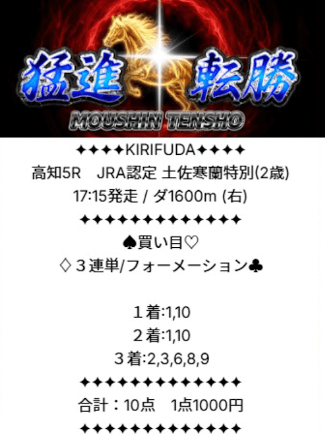 キリフダ2025年11月15日高知5Rの有料予想の買い目