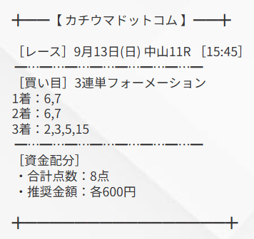カチウマドットコム有料予想2026年09月13日